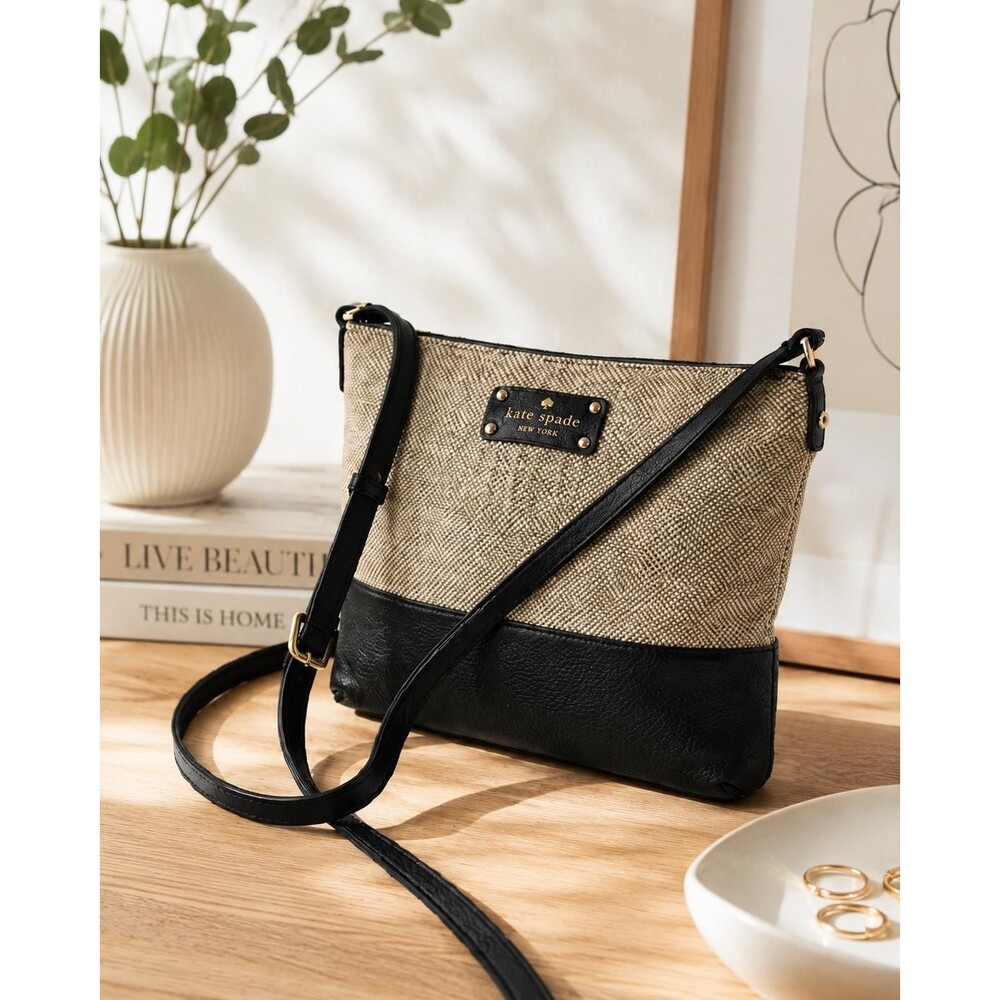 Kate Spade Crossbody Bag Black Leather & Tweed Canvas | Small Shoulder Purse | C